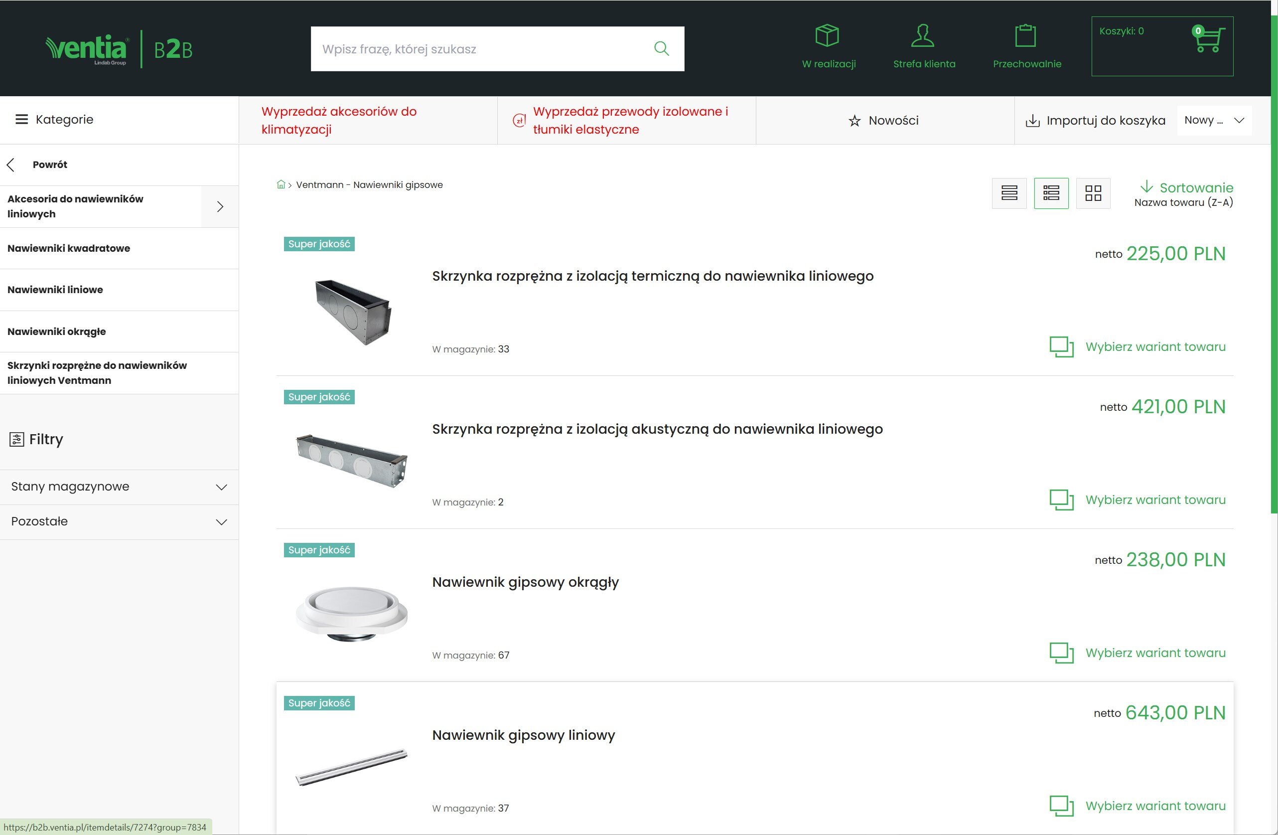Ekran platformy B2B Ventia z portfolio, cenami i dostępnością produktów VENTMANN